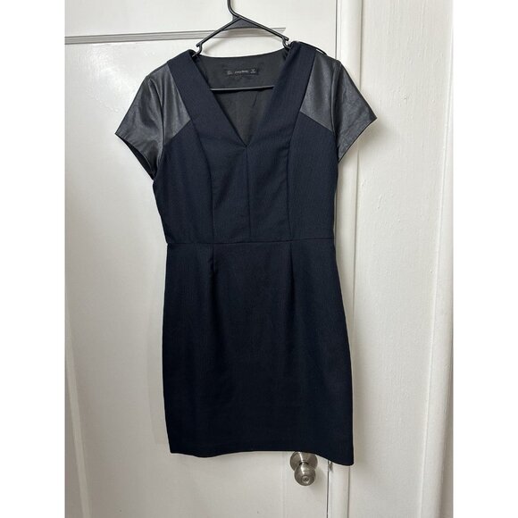 Zara Dresses & Skirts - Zara Basic Little Black Dress Large Faux Leather Shoulders Mini Micro Polka Dot